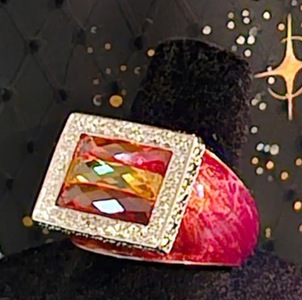 Rust Colored Enamel & Gemstone Cocktail Ring w/Diamond Accents-Size 9